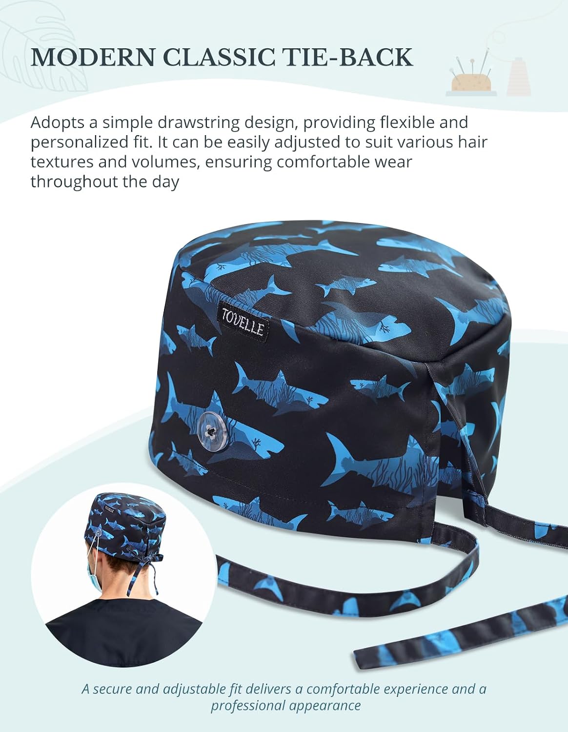 Tie-Back Scrub Cap with Button and Sweatband Modern Classic, Black Shark Print Double-Sided Adjustable Medical Hat for Men, Soft Comfortable, No-Slip for Long-Hour Wear