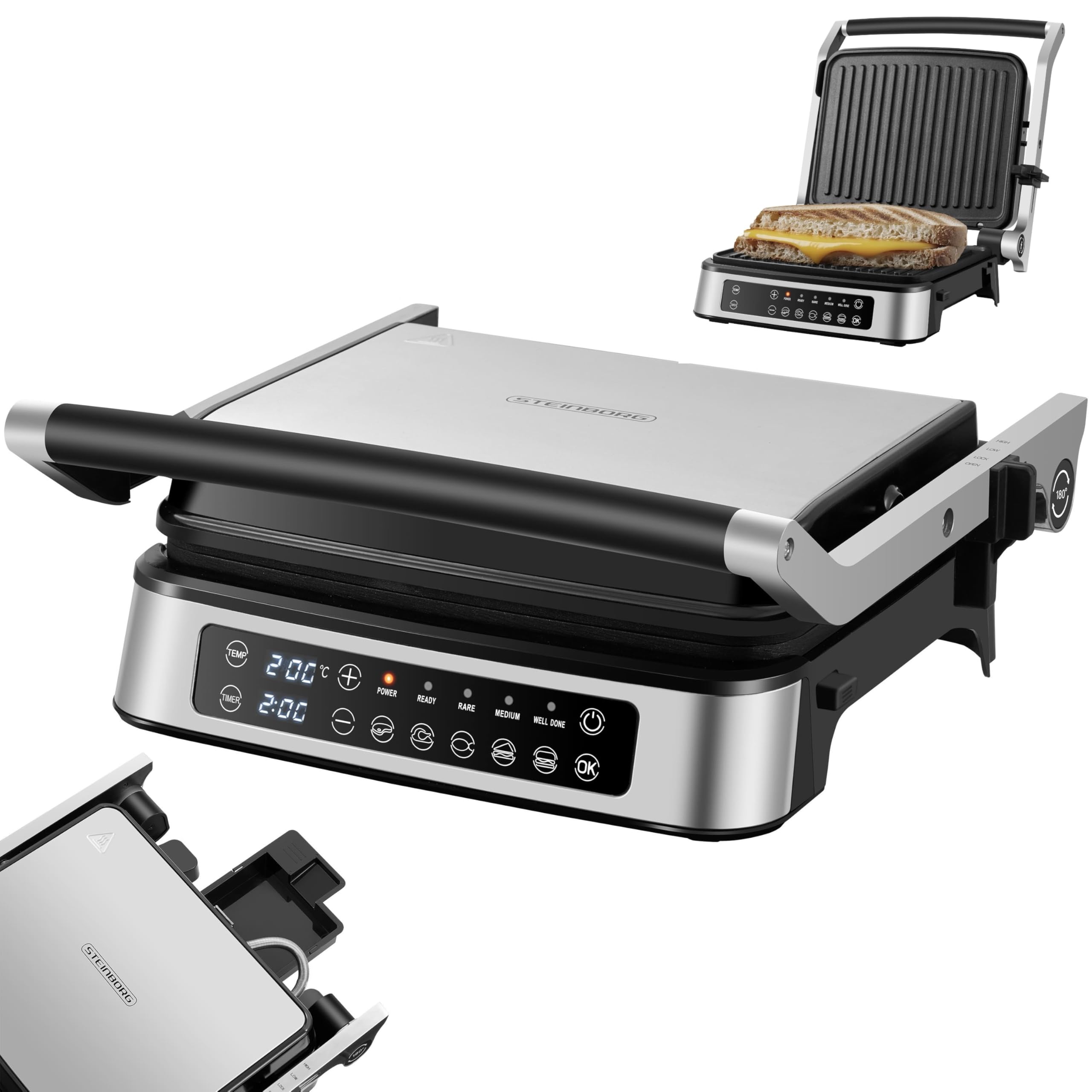 Steinborg® Grill kontaktowy, zdejmowane płyty z ekranem dotykowym, elektryczny grill stołowy i grill panini, rozkładany w zakresie 180°, nieprzywierające płyty grillowe, nadaje się do mycia w zmywarce