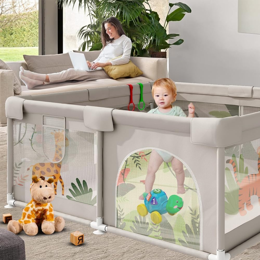 Selva - Box per bambini, 120 x 120 cm, con rete di animali traspirante, box pieghevole antiscivolo, tappetino imbottito + 4 anelli