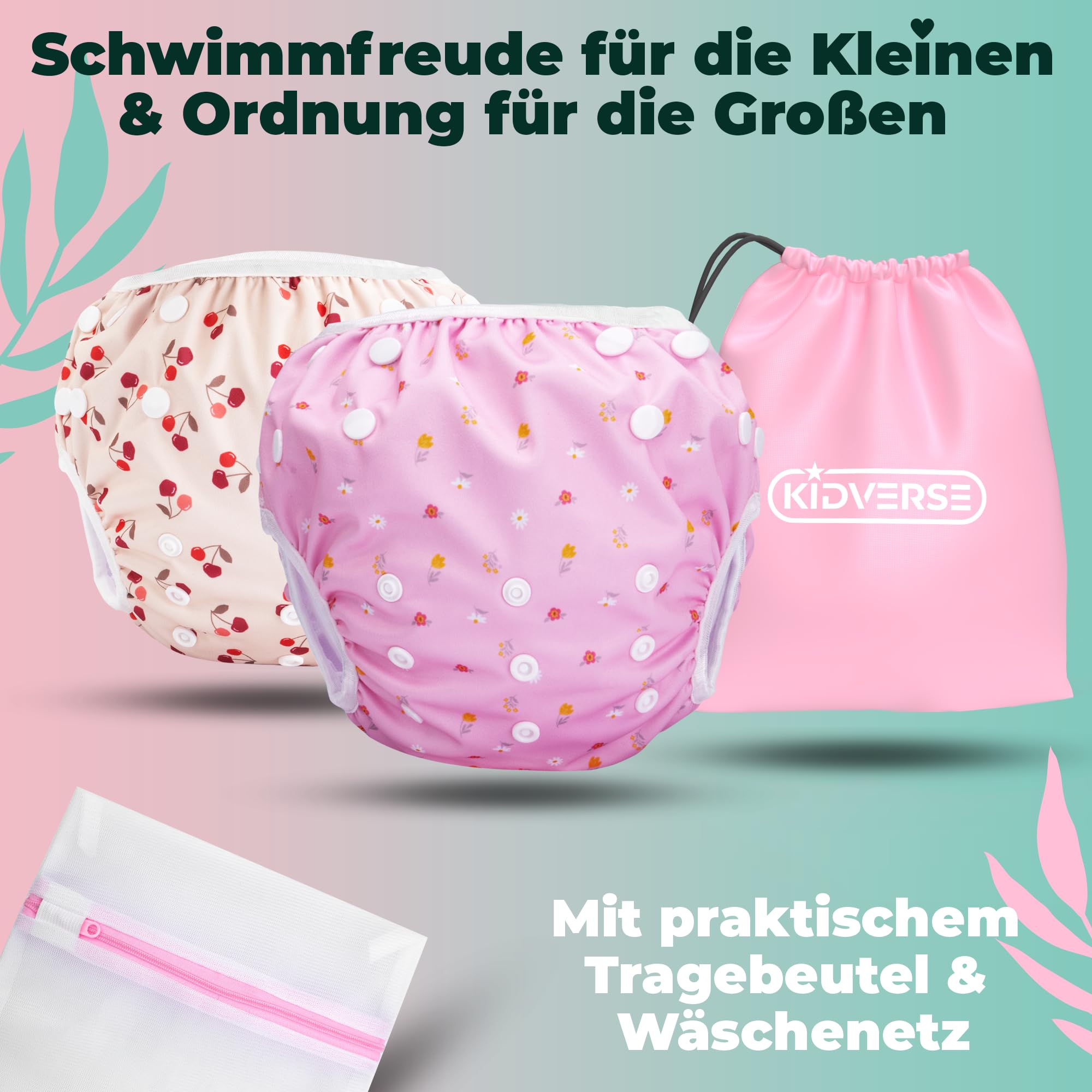 KIDVERSE 2er Set Schwimmwindel Baby 0-3 Jahre - Hautfreundliche Schwimmwindeln wiederverwendbar & saugstark - Baby Schwimmwindel mit Tasche & Wäschenetz (Kirschen & Raosa Blumen 2er)