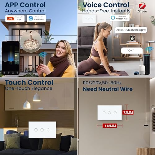 Miniatura 4 de Zigbee - Interruptor inteligente de 4.646 x 2.835 x 1.339 in, necesita Zigbee Hub y cable neutro, WiFi de 2.4 GHz, panel de cristal con interruptor