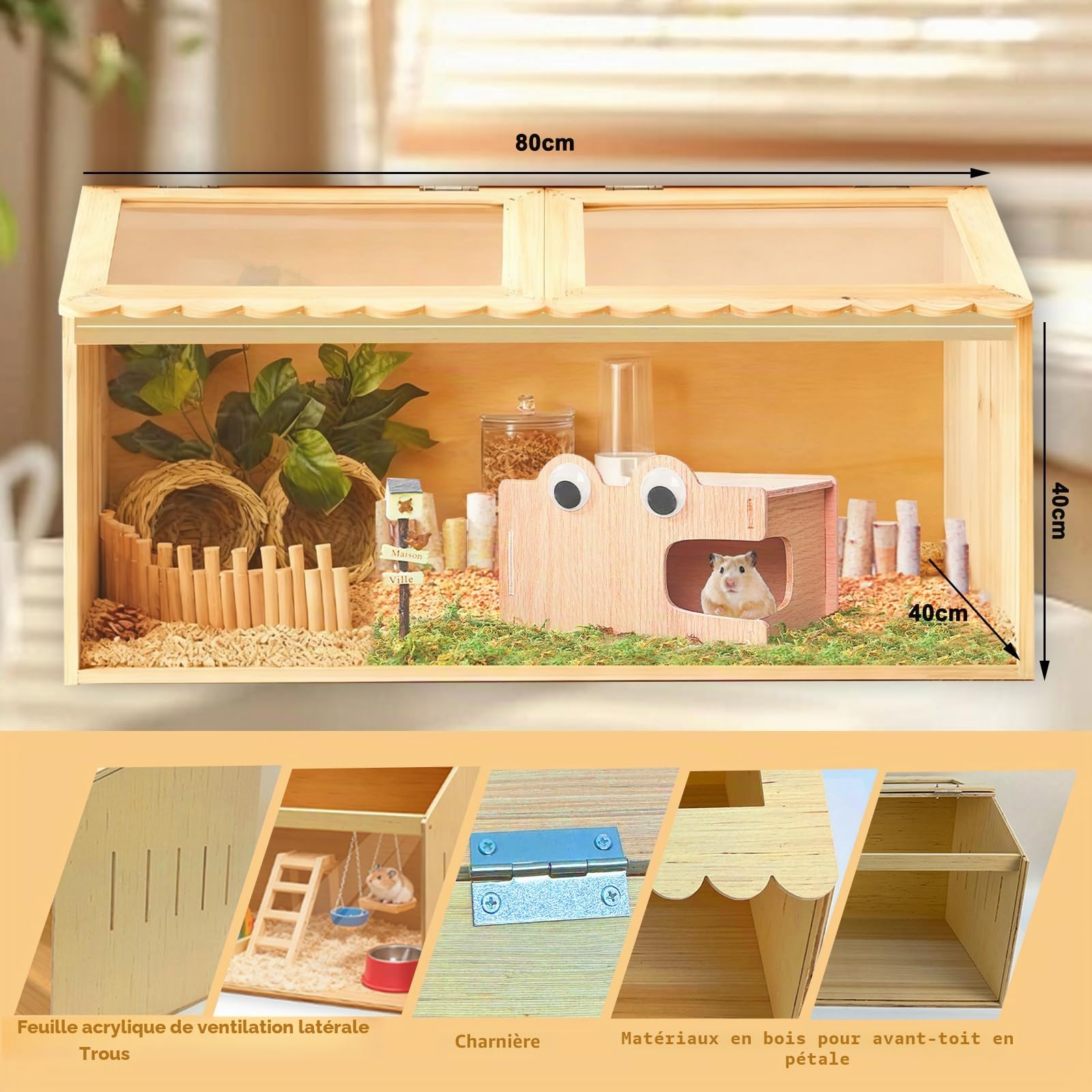 Cage pour hamster - 80 x 40 x 40 cm - En bois - Pour petits animaux - Avec fenêtre transparente en acrylique - Trous d'aération sur le côté - Convient pour les petits animaux, hamsters
