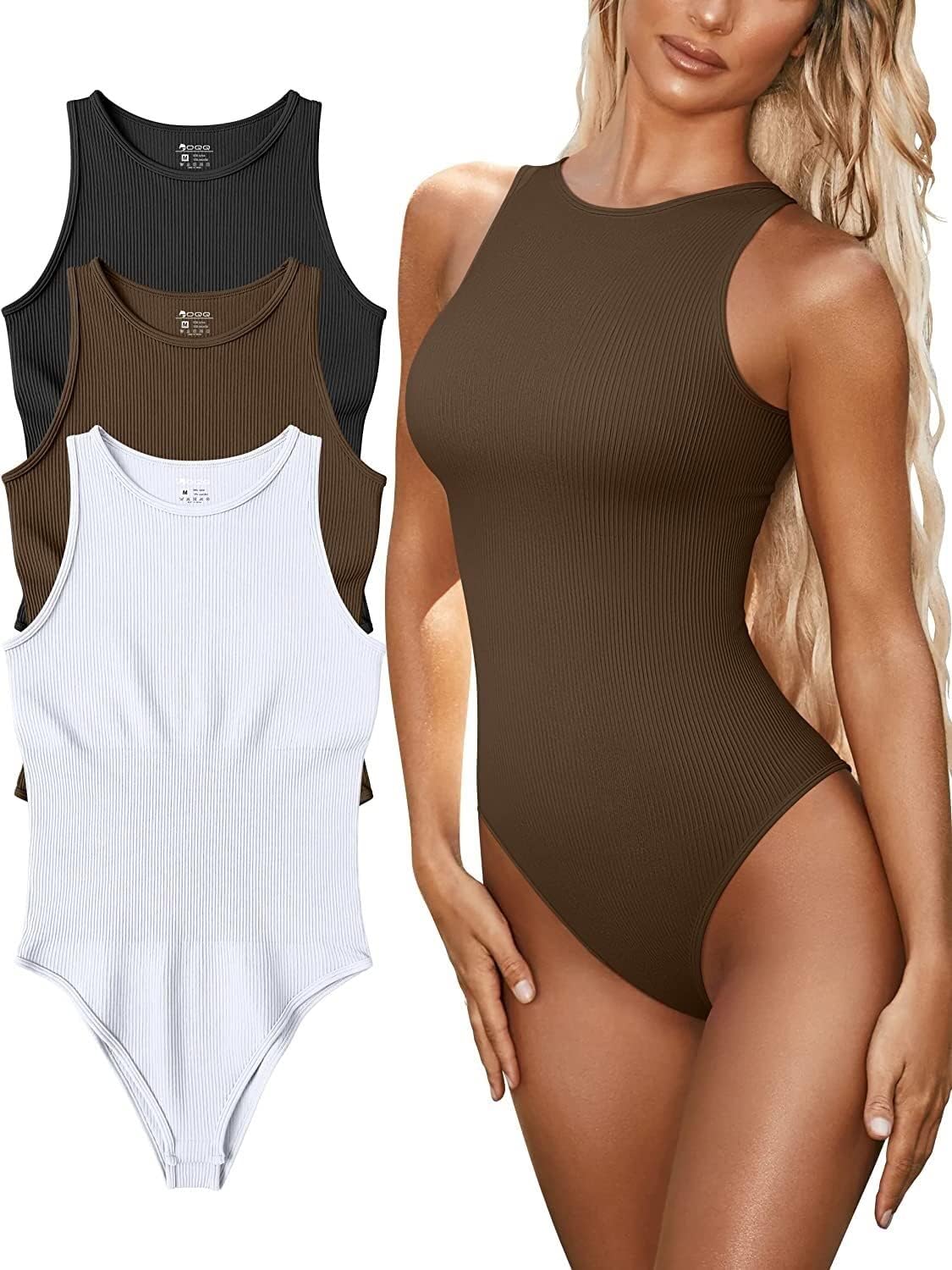 Women’s Sexy Ribbed Bodysuit Tops - 3 Piece Sleeveless Halter Neck Bodysuits with Tummy Control (Color : Black Coffee White, Size : L)