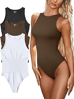 FUNNYBSG Women’s Sexy Ribbed Bodysuit Tops - 3 Piece Sleeveless Halter Neck Bodysuits with Tummy Control (Color : Black Coffee White, Size : M)