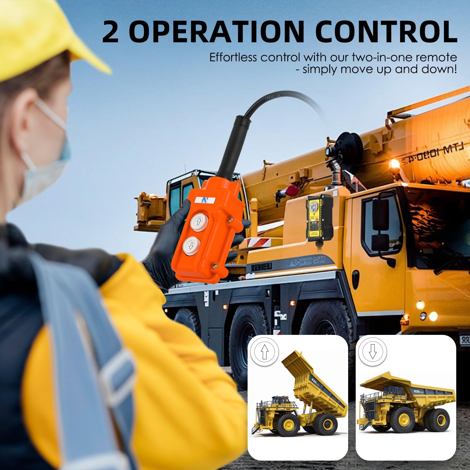 NEWTRY Telecomando per gru da 12 V, 2 in 1, controllo via cavo e senza fili, portata di controllo radio 200 m, 4 tasti, per attrezzature di sollevamento industriali, camion, gru, interruttore di