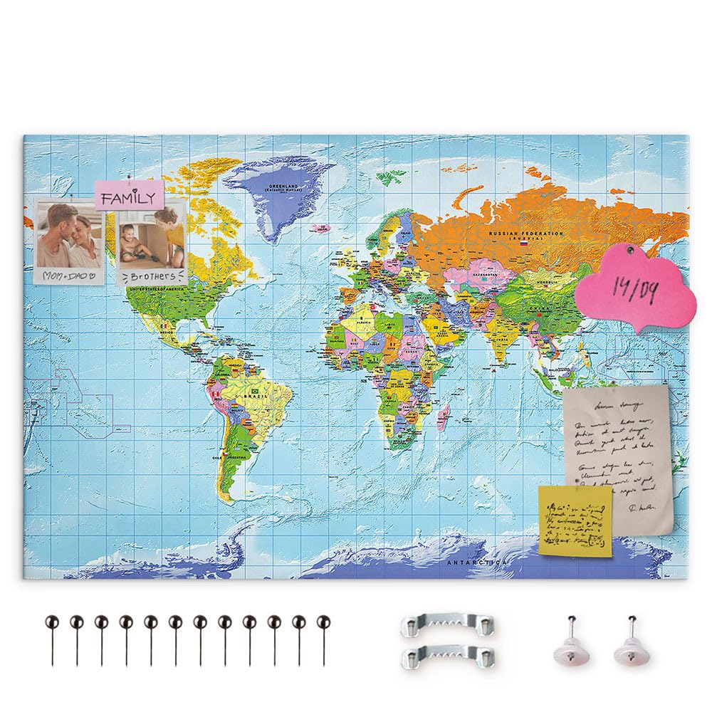 decomonkey Canvas World Map Pin Board with 50 pins - 35.4" x 23.6" / 90x60 cm Fibreboard Geographical Push pin Travel Blue map Wall Art - English Lettering - Traveler's Bedroom Office Living Room โ image 1