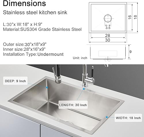 Vista 39 de MENATT Fregadero de cocina de 20 pulgadas, acero inoxidable SUS304 hecho a mano, fregadero de cocina con colador de fregadero (cepillado), 20 x 16 x