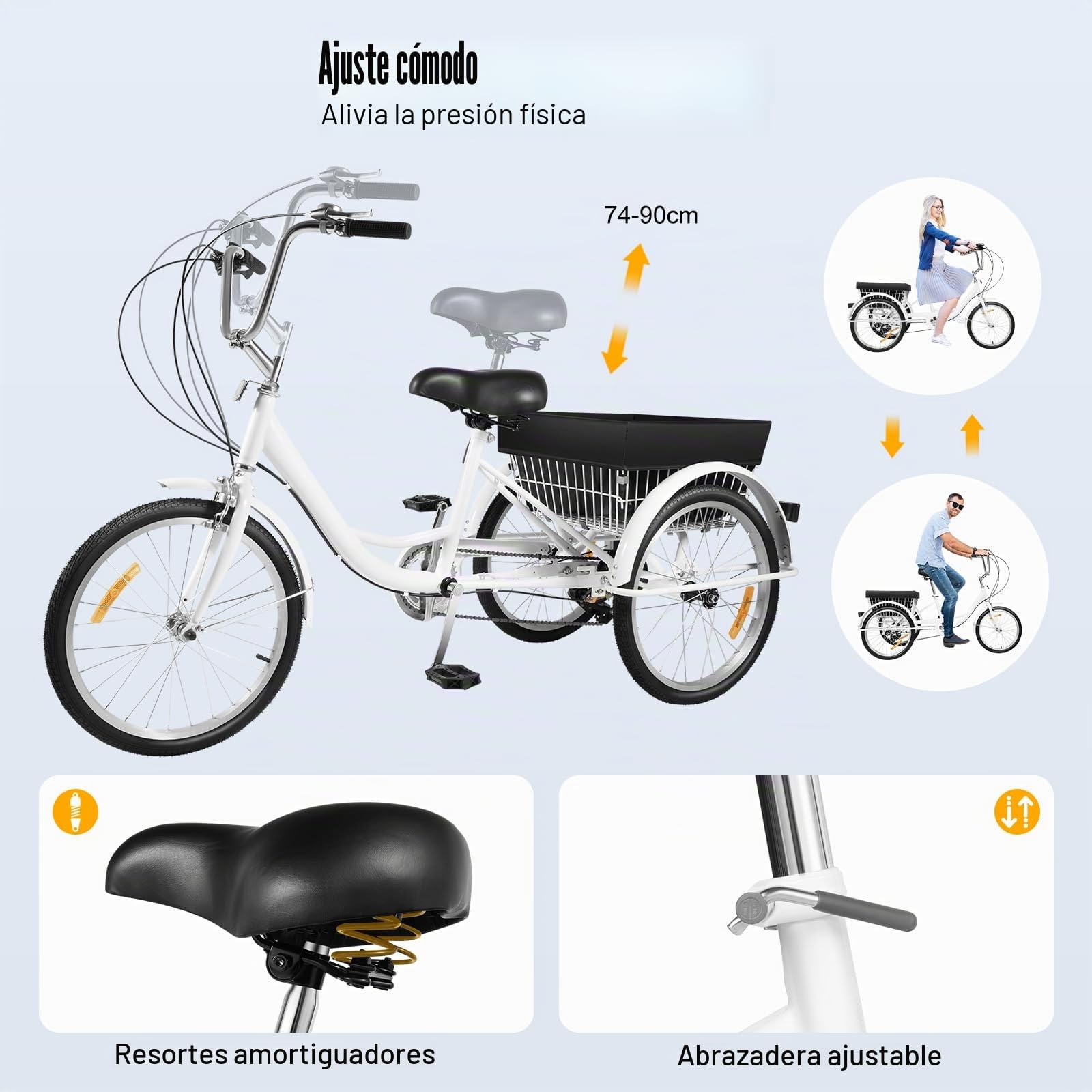 Triciclo de 20 Pulgadas para Adultos, Bicicleta Urbana de 3 Ruedas con Cesta, 8 Velocidades, Ajustable en Altura, Negro y Blanco