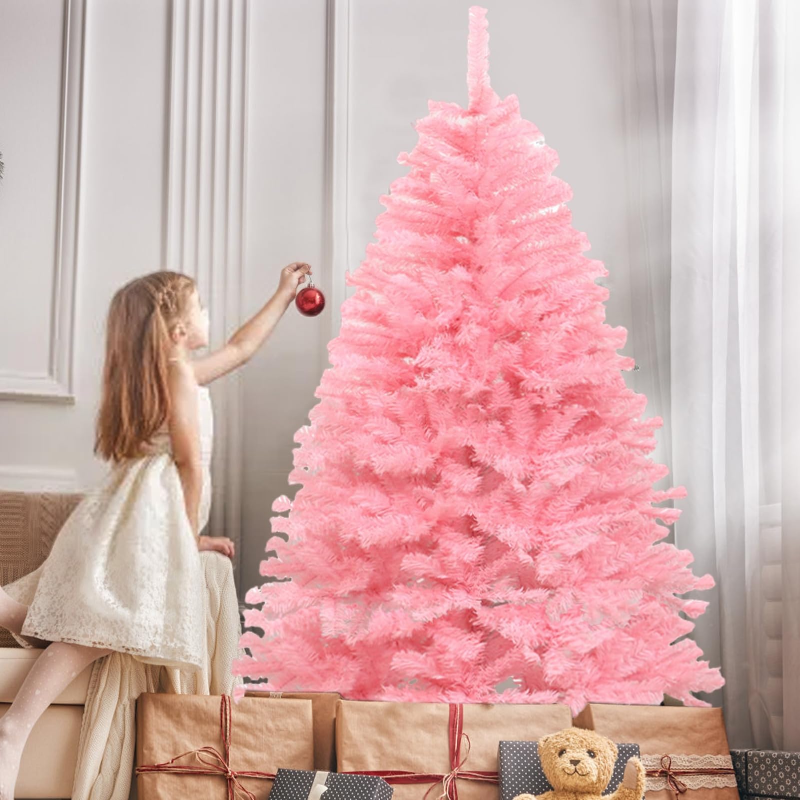 Albero di Natale artificiale rosa con ornamento a sfera, albero di Natale in fiore di ciliegio, pino di Natale rosa, albero di Natale in abete rosso incernierato per decorazioni natalizie per interni