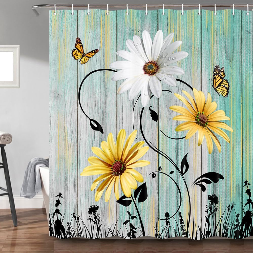 Rustic Farmhouse Floral Shower Curtain, Farm Teal Daisy Floral Butterfly Old Plank Rustic Shower Curtain, Turquoise Blue Fabric Bathroom Accessory Set with Hooks, 72 x 84, Green