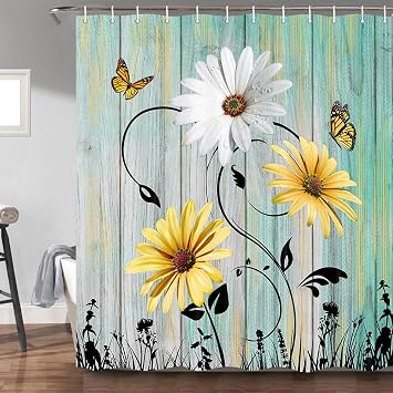 Rustic Farmhouse Floral Shower Curtain, Farm Teal Daisy Floral Butterfly Old Plank Rustic Shower Curtain, Turquoise Blue Fabric Bathroom Accessory Set with Hooks, 69 x 78, Green