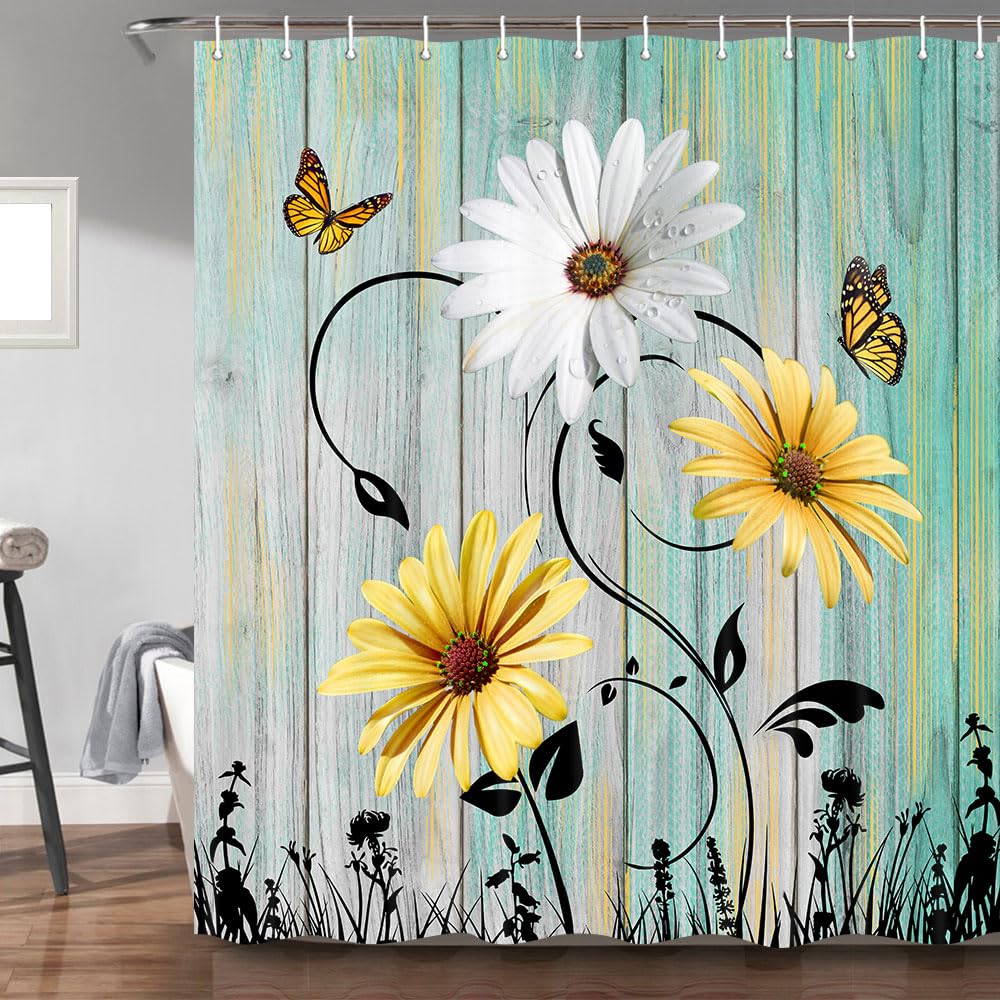 Bzhilja Rustic Farmhouse Floral Shower Curtain, Farm Teal Daisy Floral Butterfly Old Plank Rustic Shower Curtain, Turquoise Blue Fabric Bathroom