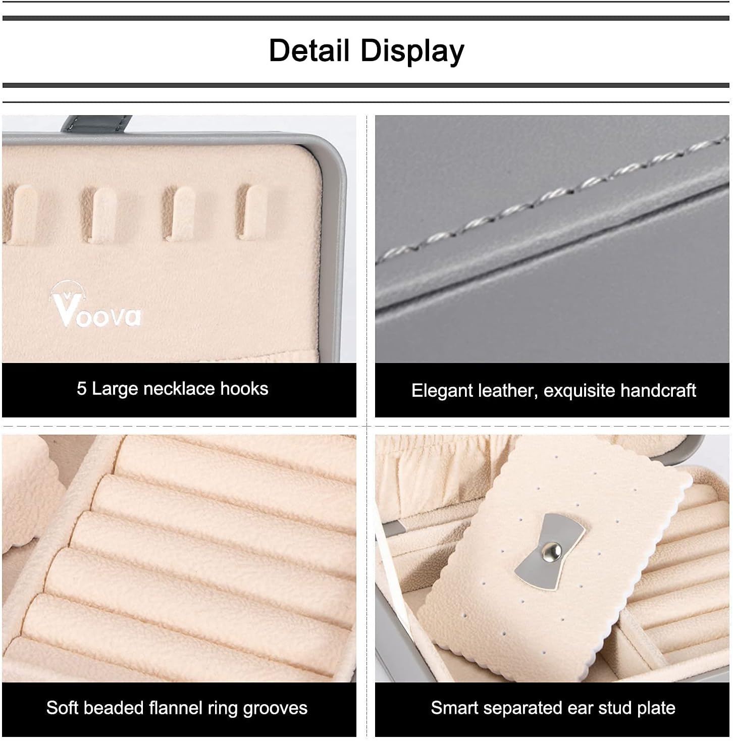 Voova Travel Jewellery Box Organiser for Women Girls,PU Leather Small Jewelry Storage Case with Smart Earrings Plate,Mini jewlerrying Display Holder for Earrings Rings Necklace Bracelets,Grey - Image 5