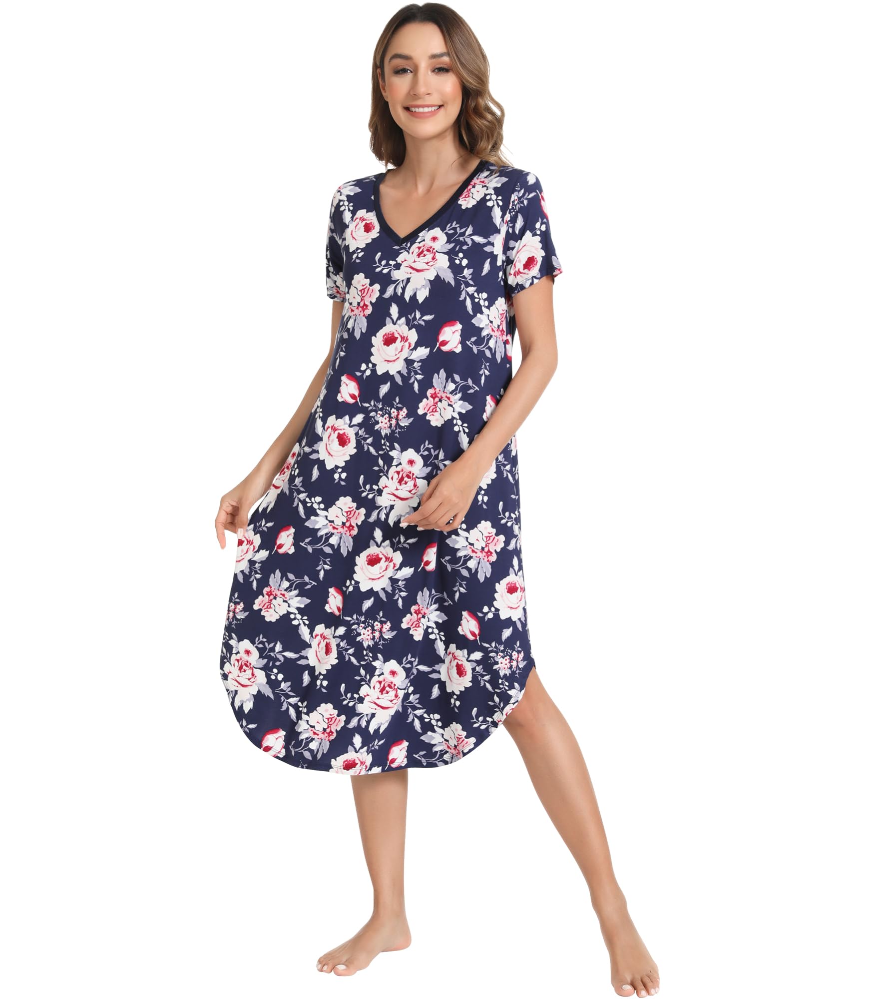 NACHILA Bamboo Viscose Nightgowns for Women Cooling Short Sleeve Sleepshirt | Soft V Neck Night Gowns, Moisture-Wicking Sleepwear for Hot Flashes &amp; Night Sweats, Ladies Nightshirts for Sleep, Home, Gift