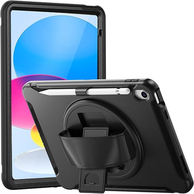 ProCase for iPad 10th Generation 10.9 Inch Case 2022 with Pencil Holder, 360 Rotatable Rugged Heavy Duty Shockproof Cover Case with Kickstand Hand Strap for iPad 10 -Black
