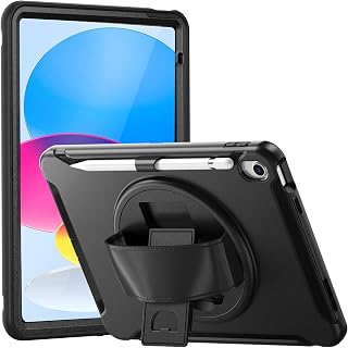for iPad 10th Generation 10.9 Inch Case 2022 with Pencil Holder, 360 Rotatable Rugged Heavy Duty Shockproof Cover Case with Kickstand Hand Strap for iPad 10 -Black