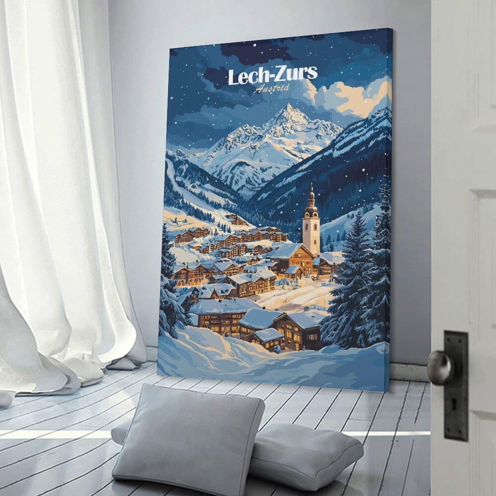 Junmoney Wall Decor Canvas Print Lech-Zurs Austria Winter Village, 24x36inch(60x90cm), for Front Hall, Corridor Or Welcome Spaces, A Neat Decor Update for Hallways