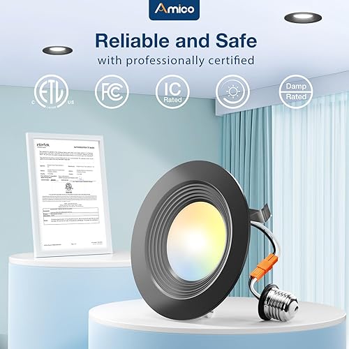 Vista 24 de Amico Paquete de 24 luces LED empotrables 5CCT de 5/6 pulgadas, regulable, 12.5 W = 100 W, 950 LM, 2700 K/3000 K/4000 K/5000 K/6000 K Blanco