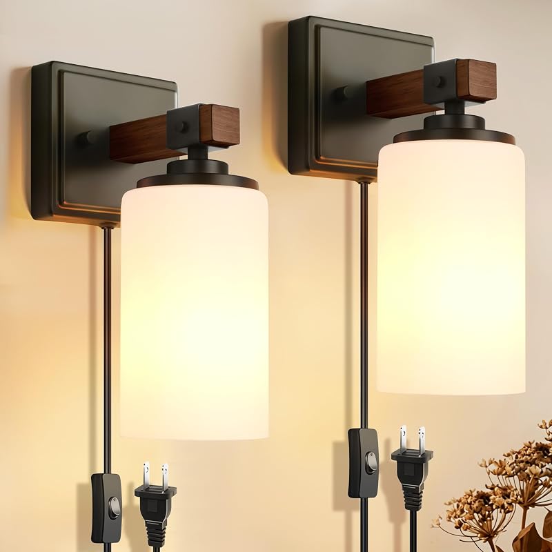 Plug in Wall Sconces Set of 2, Rustic Wall Light with On/Off Switch, 2-in-1 | Plug Farmhouse Wall Lamps with White Glass Shade for Bedroom Living Room Hallway, Faux Brown Wood Grain, E26(Bulb Not Includ)