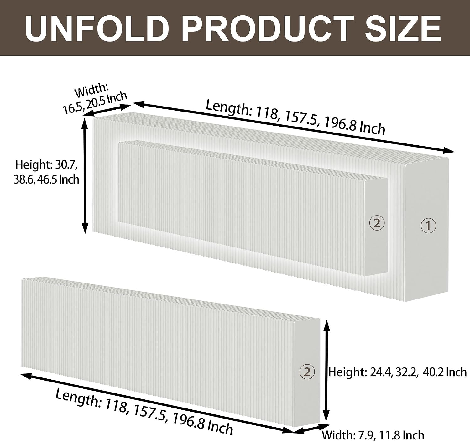 2 Pack Nesting Accordion Display Table & Shelf, Kraft Paper Retail Counter Stand & Reception Desk, Collapsible Riser for Boutique & Salon (White, L118 x W16.5 x H30.7 + L118 x W7.9 x H24.4 Inch)