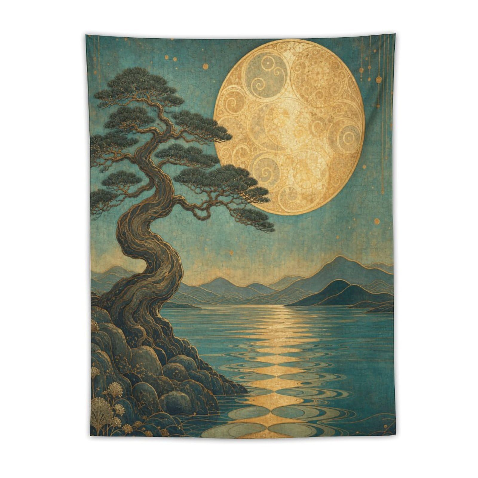 H3B8U2Y5 Pine Tree under Full Moon Wall Tapestry, Ukiyo-e Style, Entryway