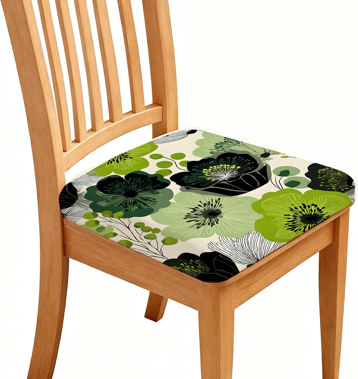 Chair Seat Covers - Waterproof Stretch Printed Dining Room Chair Cover with Elastic Ties Removable Washable Dining Upholstered Chairs Protector (Cyan, Four-piece Set)