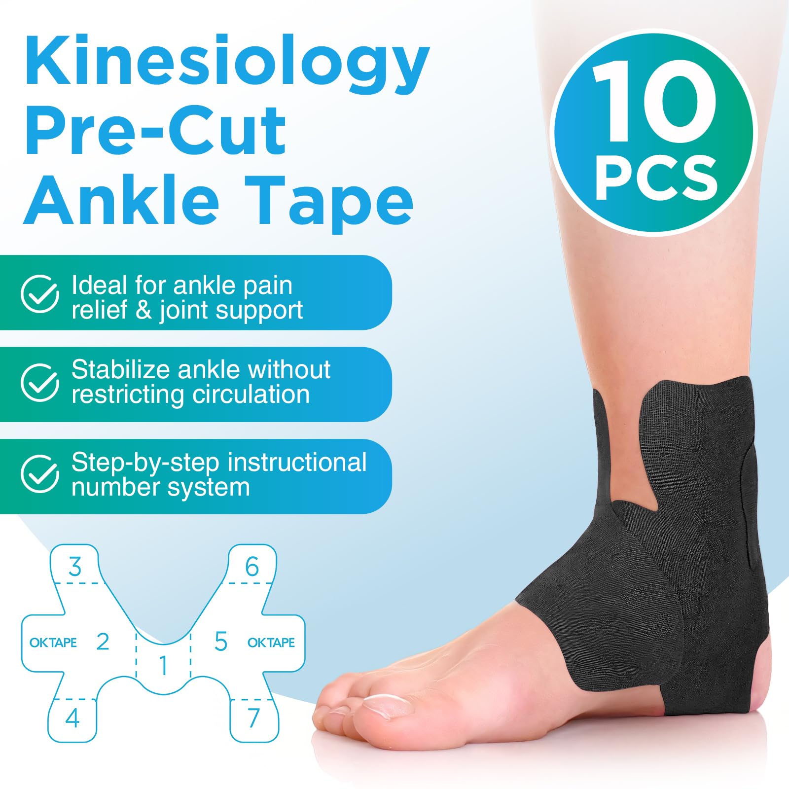 OK TAPE Precut Kinesiology Ankle Tape, 10 Pcs, Pain Relief, Prevent Ankle Sprain, Provide Support for Ankle Ligament, Elastic Athletic Tape, Breathable K Tape for Daily use - Black