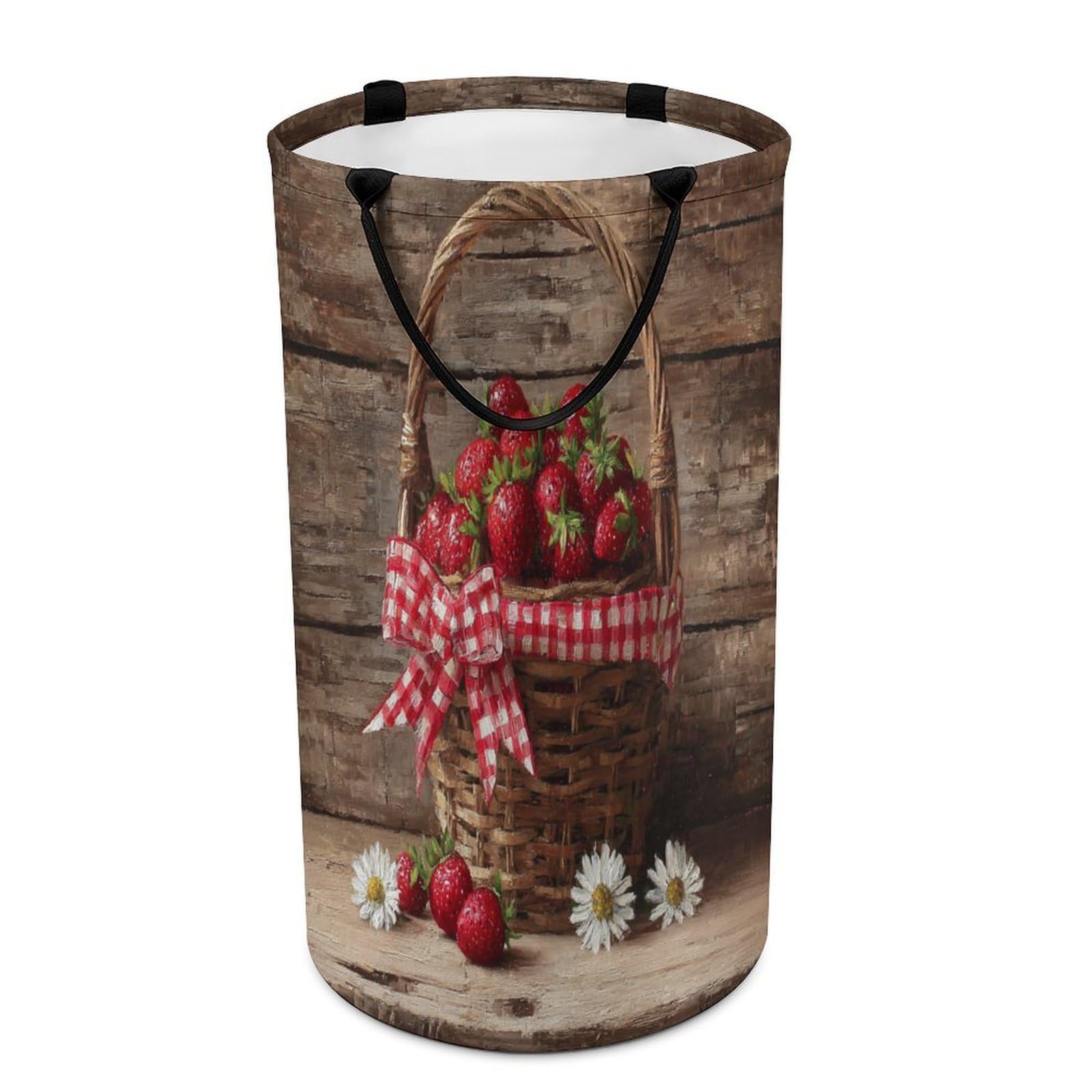 LUYYSKY Vintage Romantic Fruit Strawberry Versatile Storage Laundry Basket, Modern Realistic Wooden Board Daisies Floral Strawberry Large Capacity Bathroom Hamper With Handle