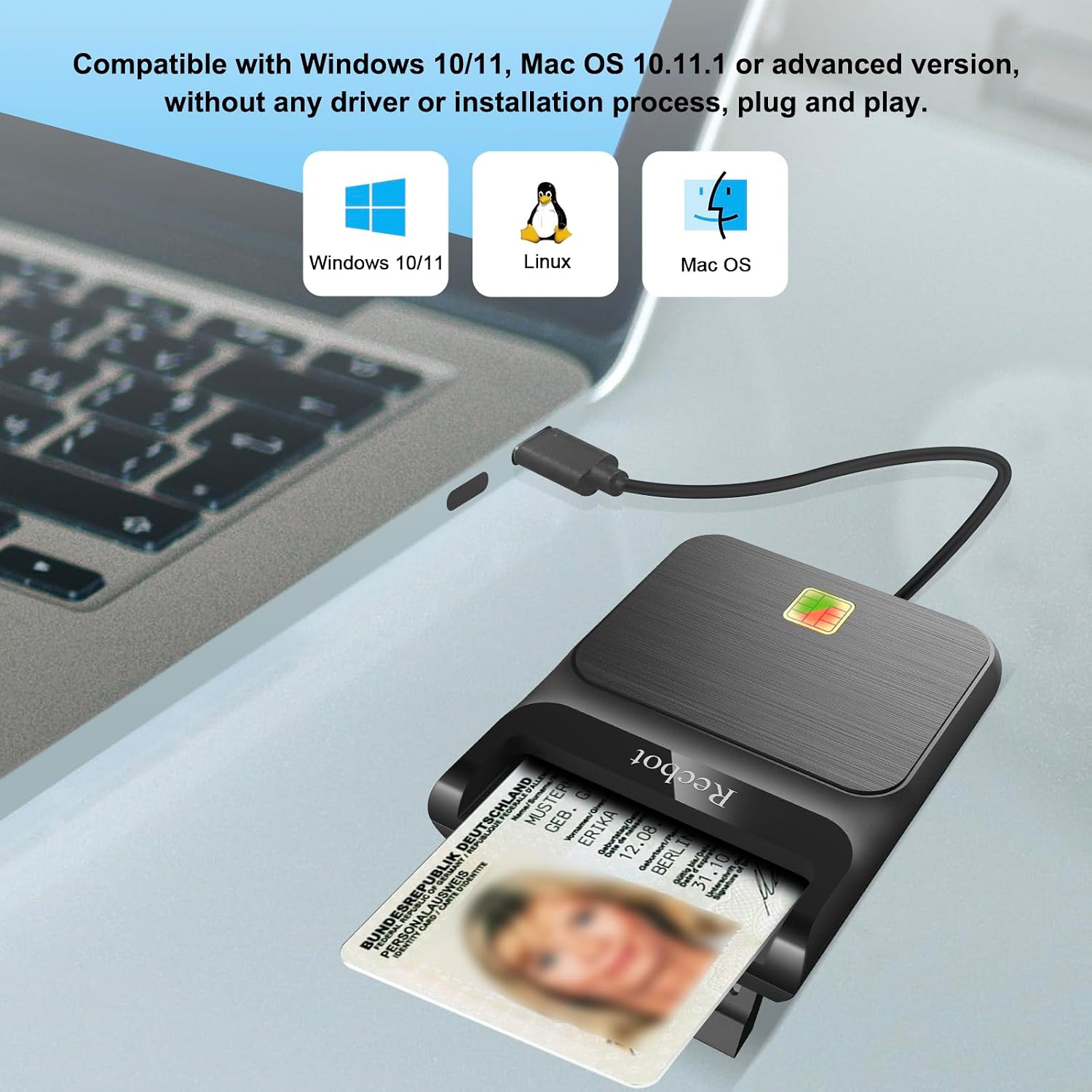 Recbot CAC Reader USB C, CAC Reader Military USB C, Smart Card Reader Common Access CAC Card Reader Military, Compatible with Windows, Mac OS and Linux