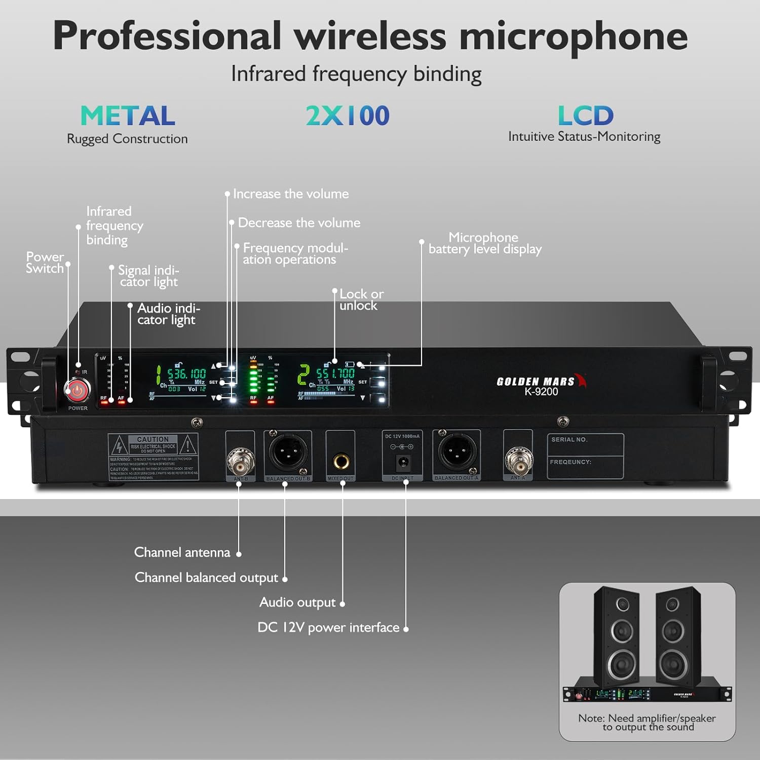 Wireless Microphone System, Two Channel Wireless Mic, w/ 2x100 UHF Frequencies, IR Auto Scan, 328ft Long Range, 2 Handheld Dynamic Microphone for Singing, Church, Karaoke - Image 3