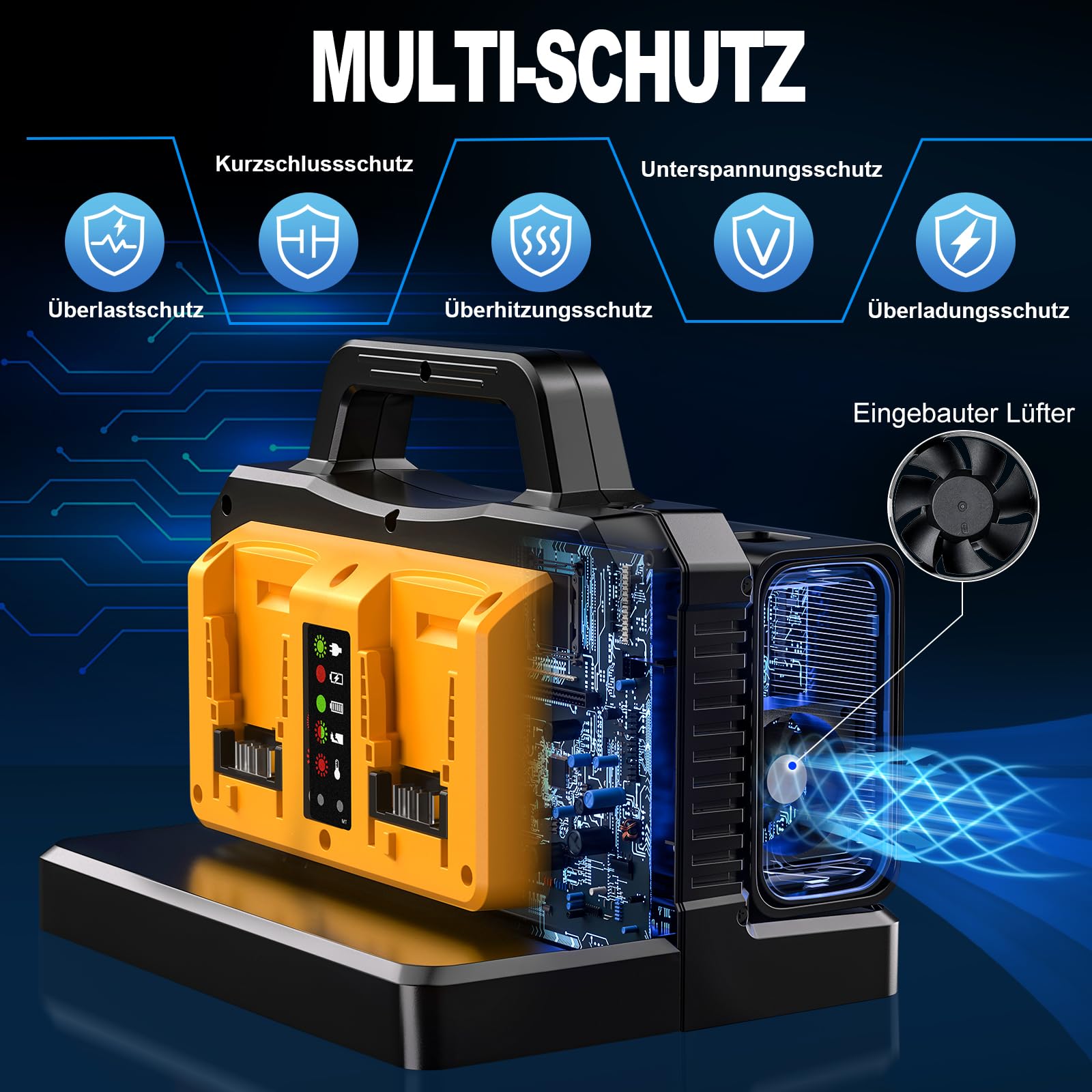 2-in-1 Wechselrichter Ladegerät für DeWalt 18V Akku, 500W Spannungswandler, 2-Port DC 18V Auf AC 230V Reiner Sinus Wechselrichter, Stromwandler für Camping, Wohnmobil(Batterie Nicht Enthalten)