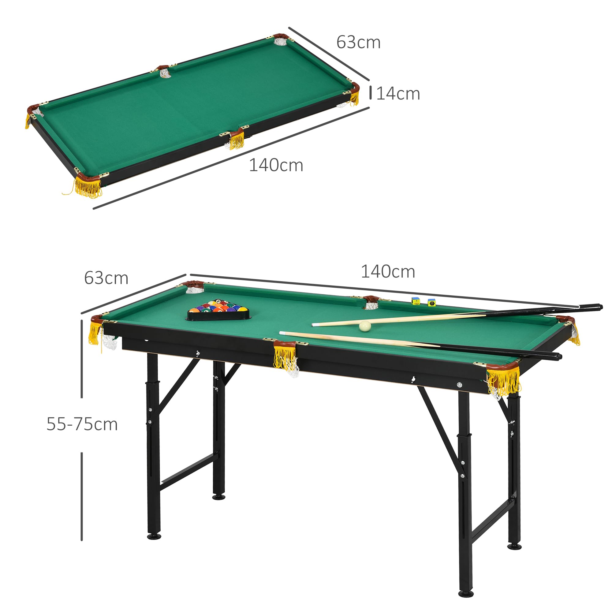 SPORTNOW Table de Billard Pliable Hauteur réglable avec Accessoires 2 queues, 16 Boules, 2 craies, Triangle, Brosse, dim. 140L x 63l x 55-75H cm Vert