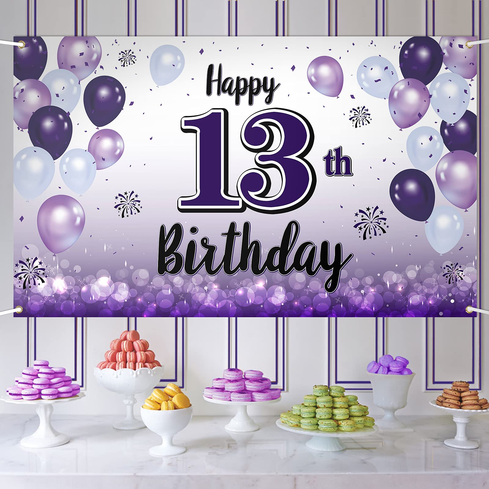 LASKYER Happy 13th Birthday Decorations,13th Purple Balloon Large Birthday Banner Backdrop Sign,Cheers to Thirteen Years Old Bday Party Supplies.