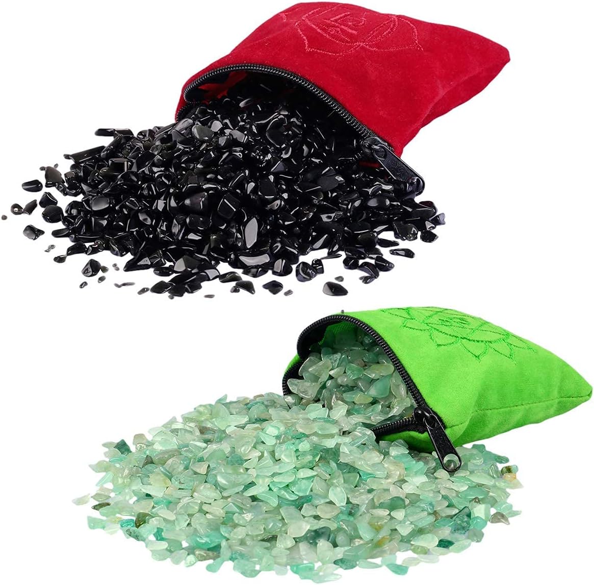 mookaitedecor Pack of 2 Tumbled Stone Chips Crushed Quartz Crystals and Healing Stones with Chakra Bag(1/2 lb Obsidian & 1/2 lb Green Aventurine)