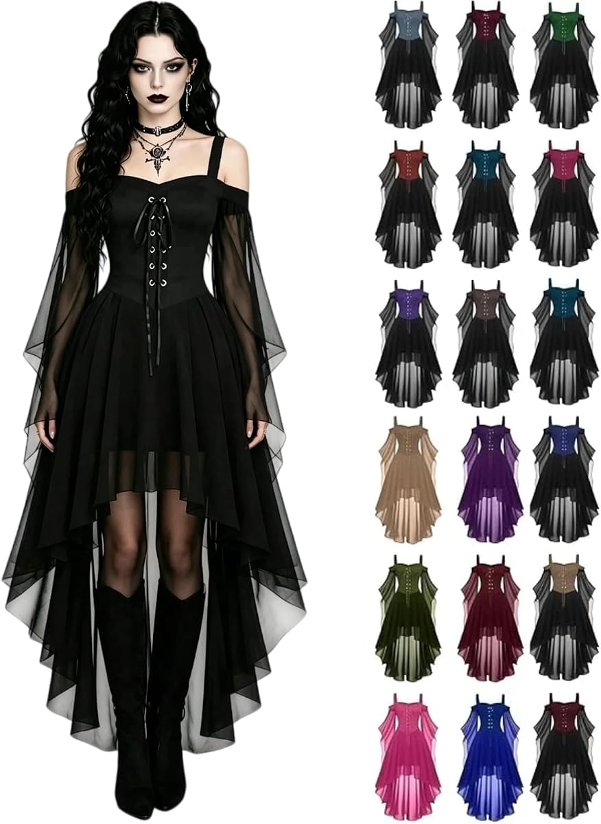 Women Witch Dress 2026 Halloween Costumes Renaissance Medieval Vampire Costume Butterfly Sleeve Mesh Gothic Dress