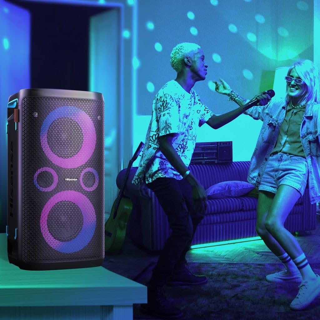 Hisense Party Storm, l'altoparlante Bluetooth con una potenza da 300W, woofer integrato,Modalita' Karaoke, wireless charging pad integrato, ingresso e uscita AUX, USB