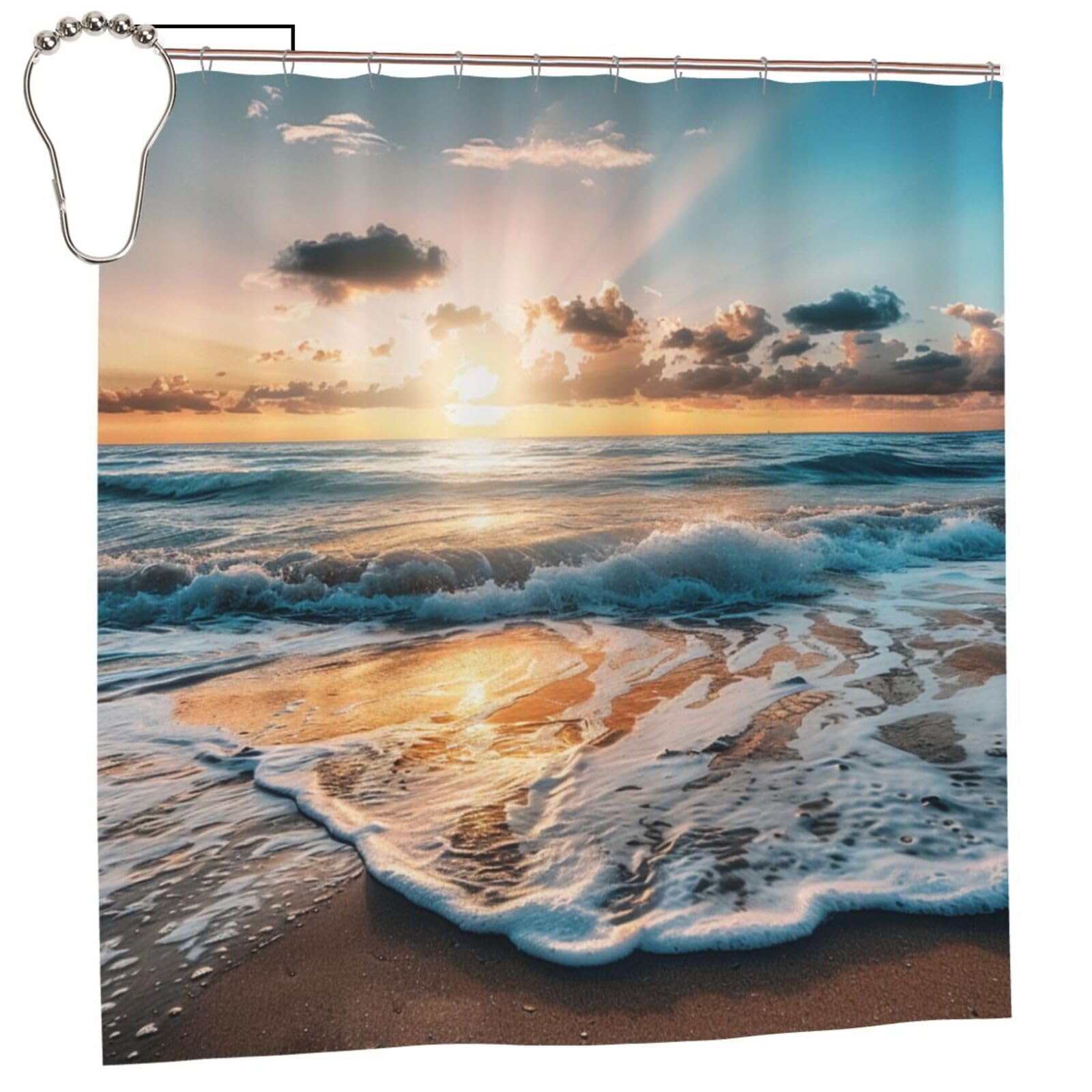BWWHCCTI Beach Sunset Sea Waves Printed Shower Curtain With 12 Iron Hooks Opaque Quick Drying Waterproof Shower Curtains Sets For Bathroom 183x183 CM