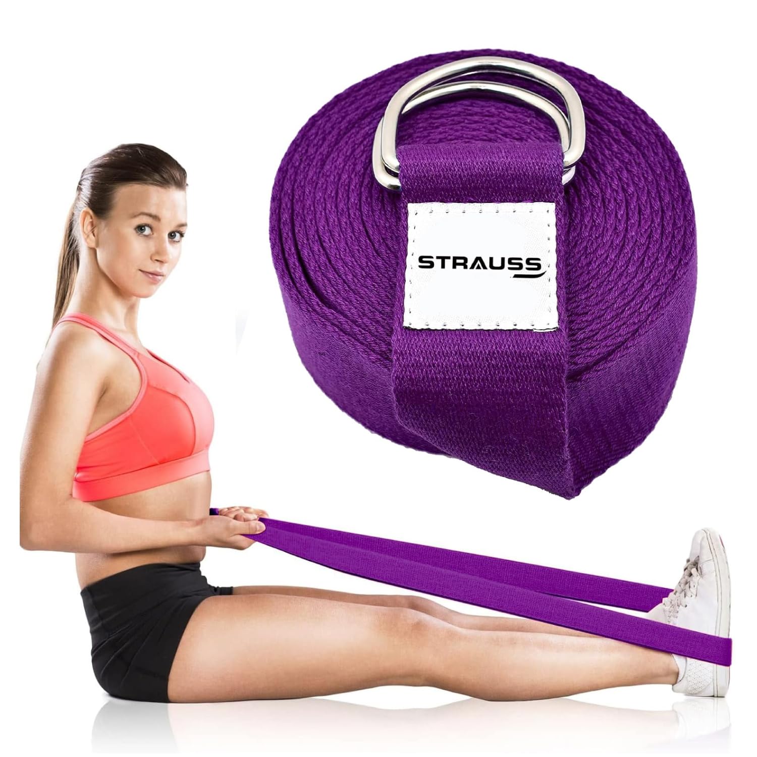 Strauss Yoga Strap & Stretching Belt | Ideal for Yoga, Pilates, Therapy, Dance, Gymnastics & Flexibility | 60% Thicker Belt with Extra Safe Adjustable Metal D-Ring Buckle | Eco-Friendly, 8 feet (Purple)