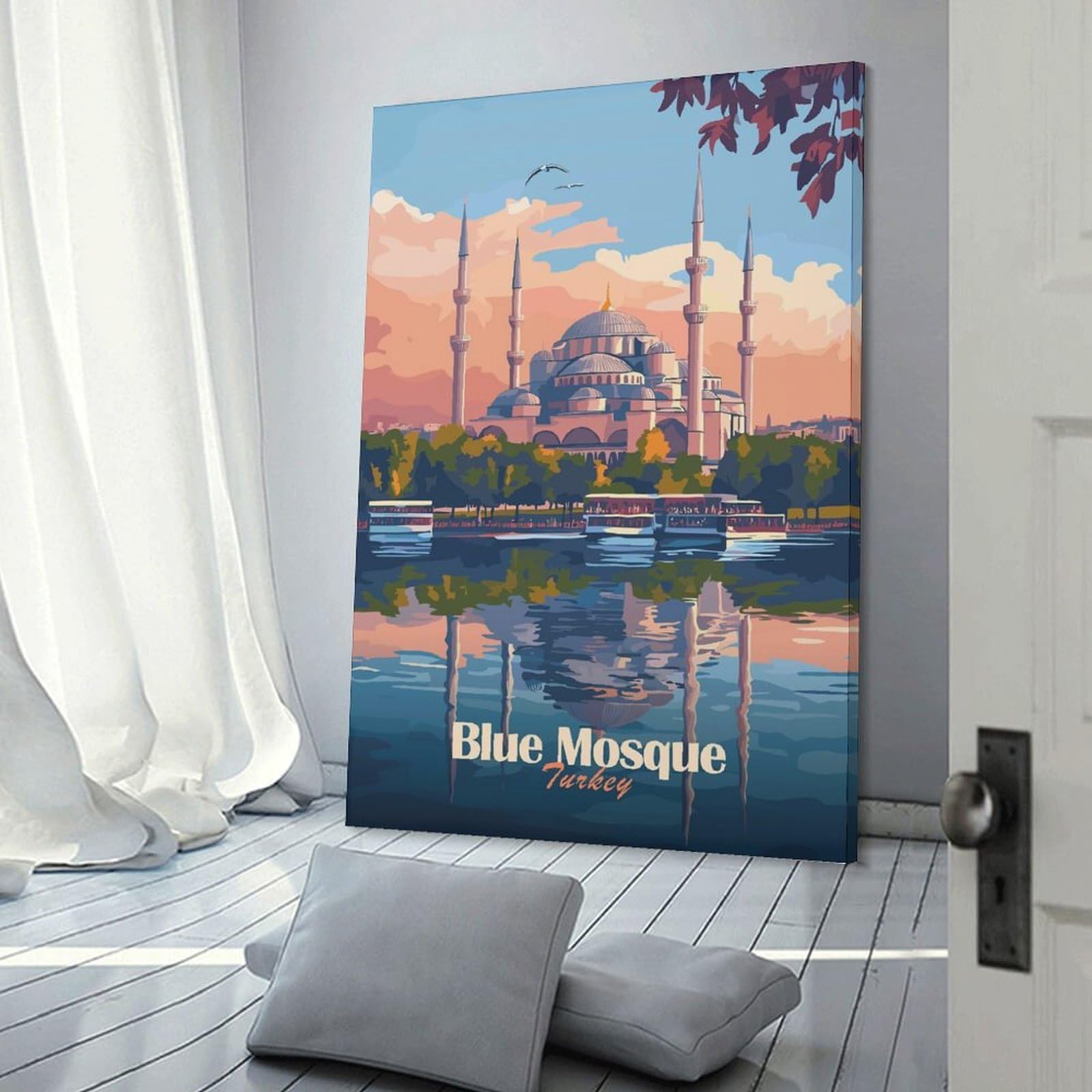 Junmoney Frame-Style-9 Blue Mosque Turkey Room Decor Wall Art 24X36inch(60X90cm), For Bedroom, Guest Room Or Reading Nook, An Easy Wall Refresh For Bedrooms