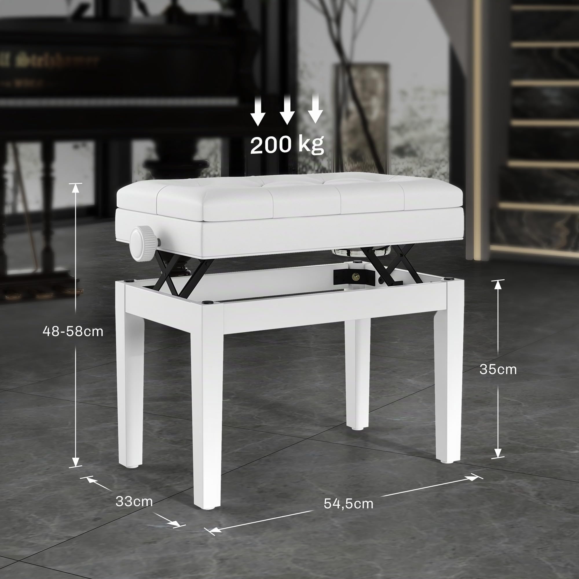 HOMCOM Sgabello da Piano con Ripiano Gambe Legno 54.5x33x48-58cm Bianco | Sgabello per Pianoforte, Altezza Regolabile 48-58 cm, Sgabello Imbottito per Tastiera
