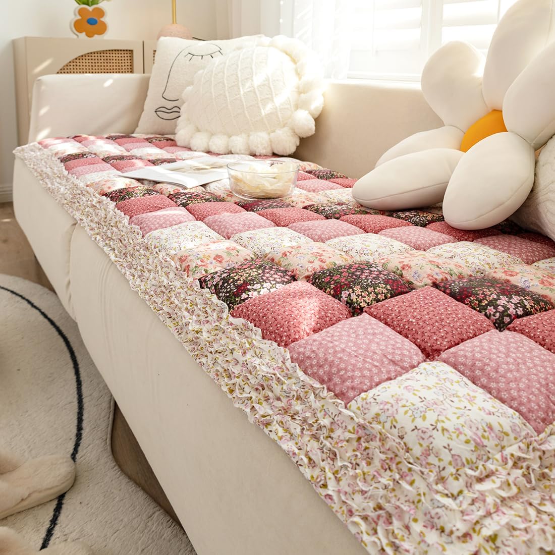 Patchwork Ruffles Printed Furniture Protector Cotton Quilted Plaid Couch Cover Non-Slip Backing Sofa Slipcover for Dogs Cats Pet Mat Area Rugs (Pink,28"x83")
