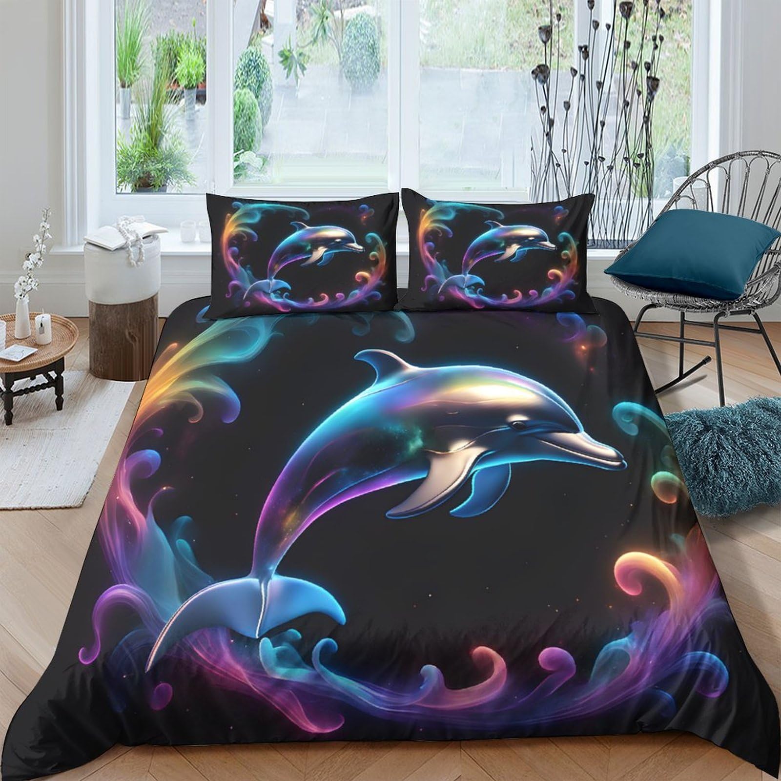 Parure de lit dauphin 3D 220x240cm avec housse de couette en microfibre et taies