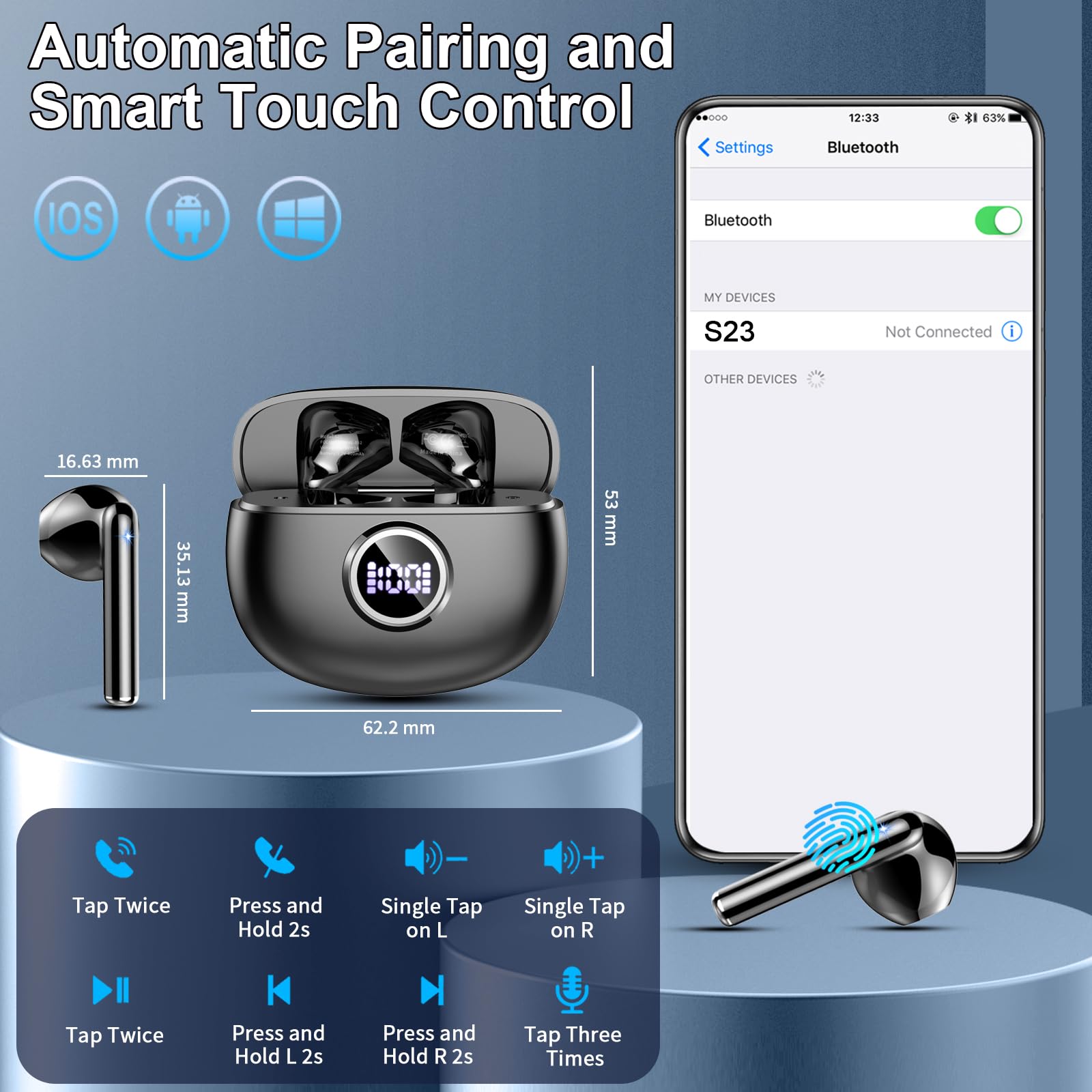 Cuffie Bluetooth,Auricolari Bluetooth 5.4 In Ear Stereo con 4 Microfono ENC,30 Ore Cuffiette Wireless Cancellazione Rumore, 2026 Cuffie Senza Filo HiFi Stereo IP7 Impermeabili per iOS & Android