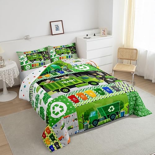 Miniatura 5 de Juego de ropa de cama de camión de basura de dibujos animados, tamaño Queen, colorido bote de basura con lindos autos verdes, juego de ropa de cama