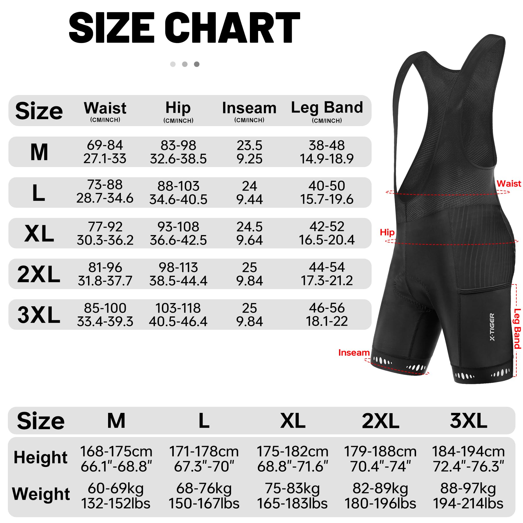 X-TIGER Culotte Ciclismo Bibs Shorts Hombre Almohadilla Gel 5D 3 Bolsillos Transpirable Secado rápido Ciclismo Montaña