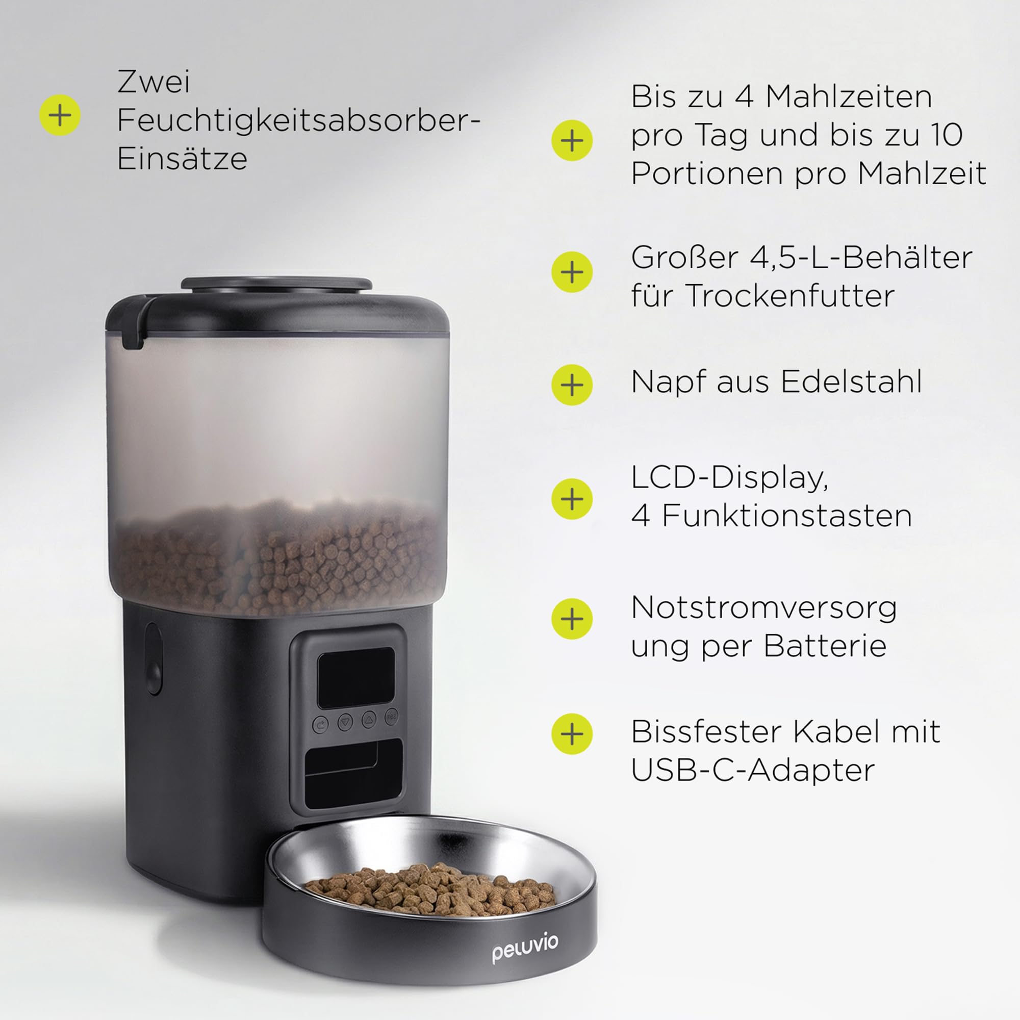 Crispy Futterautomat für Hunde, Automatischer Futterspender Hund mit Timer, bis zu 4 Mahlzeiten, Notstrom mit Batterie, USB-C, LCD Display, Edelstahl Napf, 4,5 L für Trockenfutter 5-15 mm