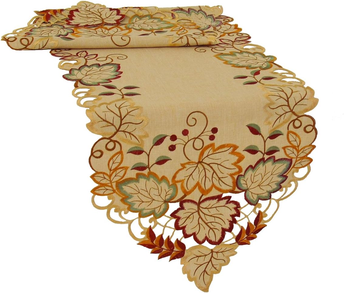 Harvest Verdure Embroidered Cutwork Fall Table Runner, 15 by 72, 15 x 72-Inch
