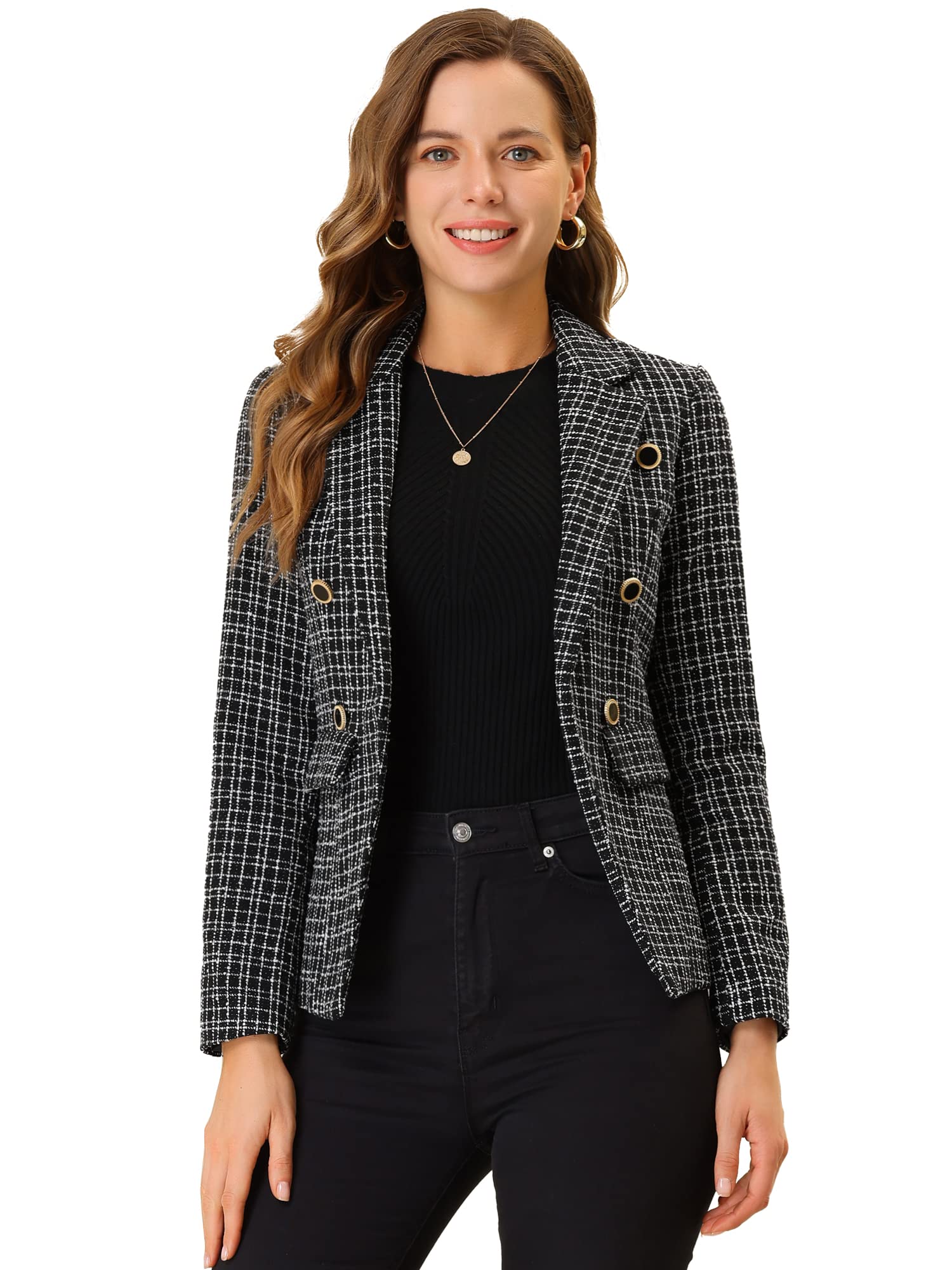 Allegra KWomen's Elegant Plaid Jacket Long Sleeve Open Front Tweed Blazer