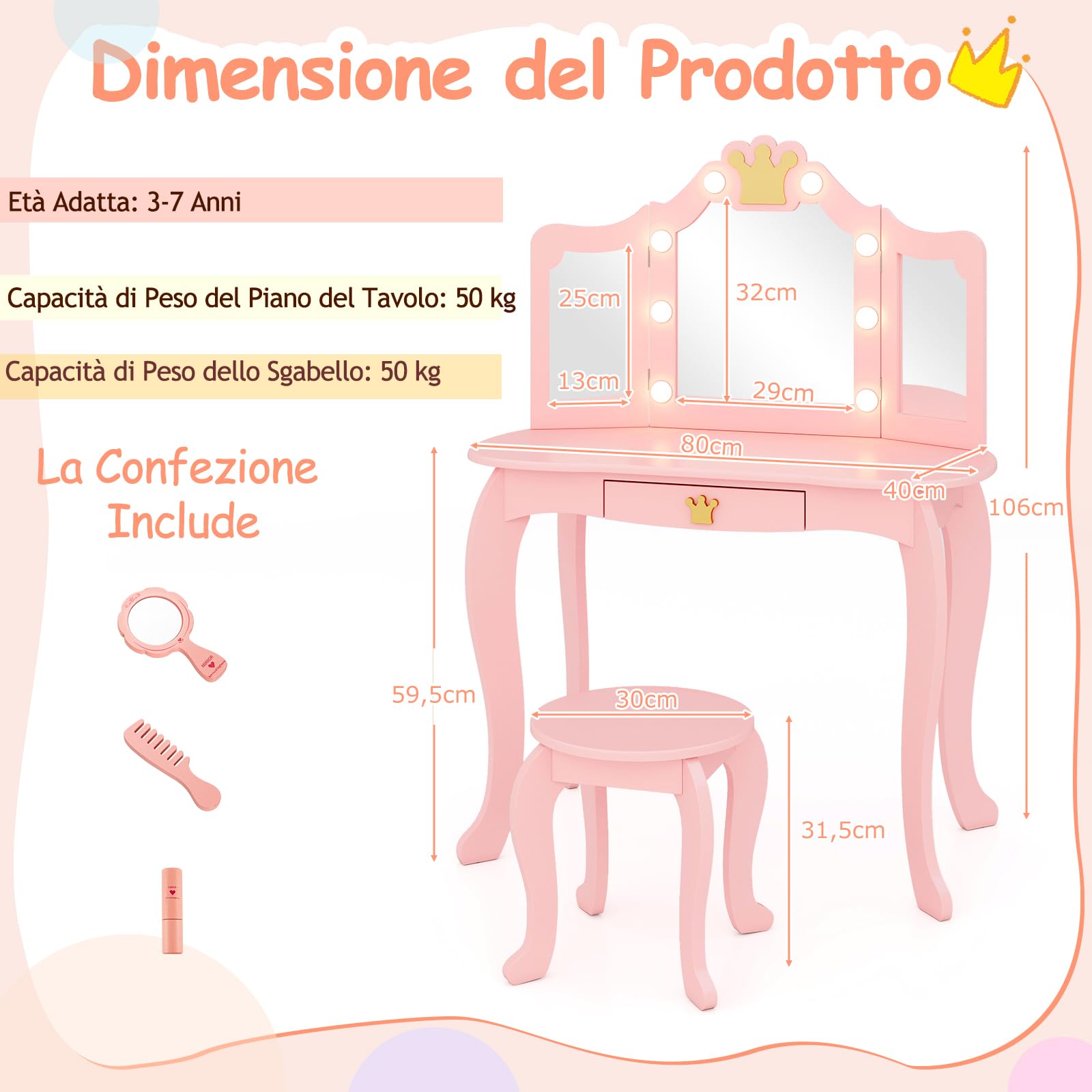 GYMAX Set Vanity Toeletta per Bambini, Tavolo da Trucco da Principessa con Specchio Triplo, Luci Dimmerabili a 3 Colori, Cassetto e Sgabello per Cameretta Bambina, 80 x 40 x 106 cm (Rosa)