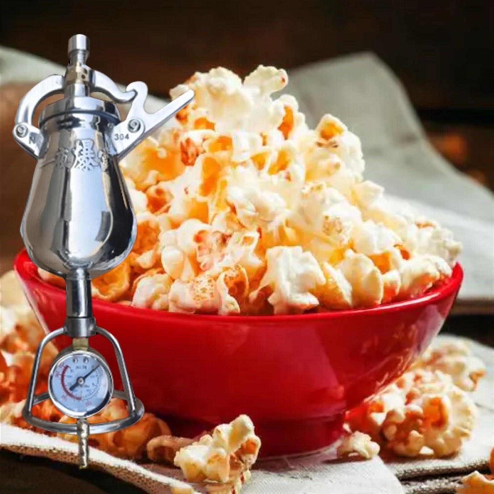 Retro Mini Maszyna Do Popcornu, Podstawa Z Drewnianej Deski Profesjonalna Maszyna Do Pieczenia Popcornu Ze Stali Nierdzewnej 304, Wzmacniacz Ziarna 300ml Z Manometrem